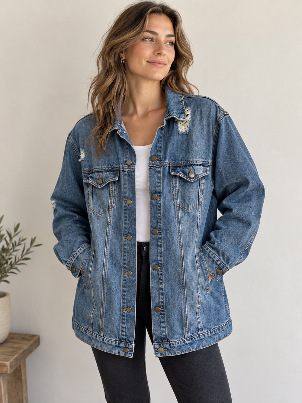 BP by Nordstrom Distressed Oversized Longline Jean Jacket Boyfriend Chore Coat M